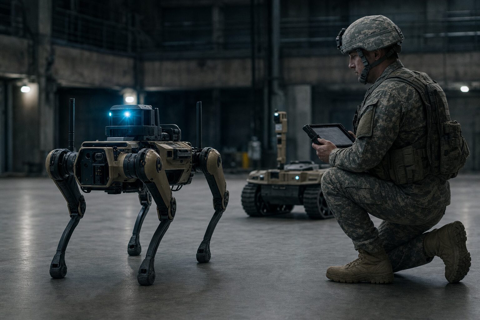 Quadruped robot and unmanned ground vehicle with a soldier operating a tablet