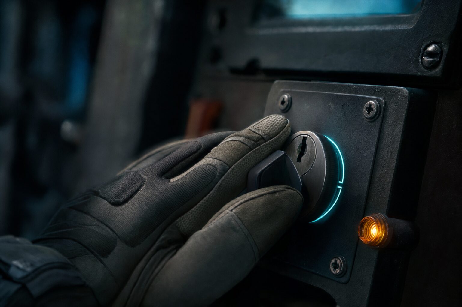 Gloved hand on a physical arming switch