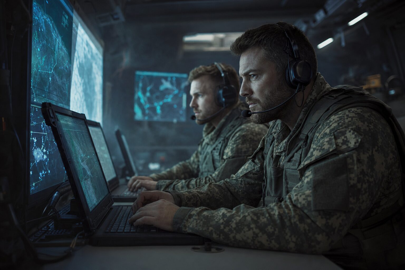 Soldiers at ruggedised computers inside a command post