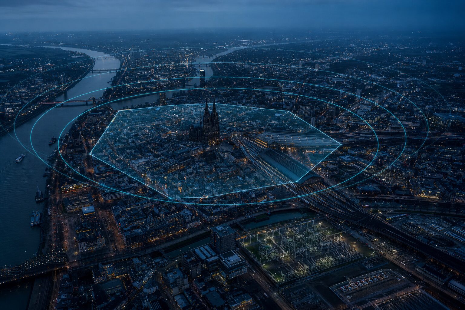 Aerial view of a city under a cyan protective dome