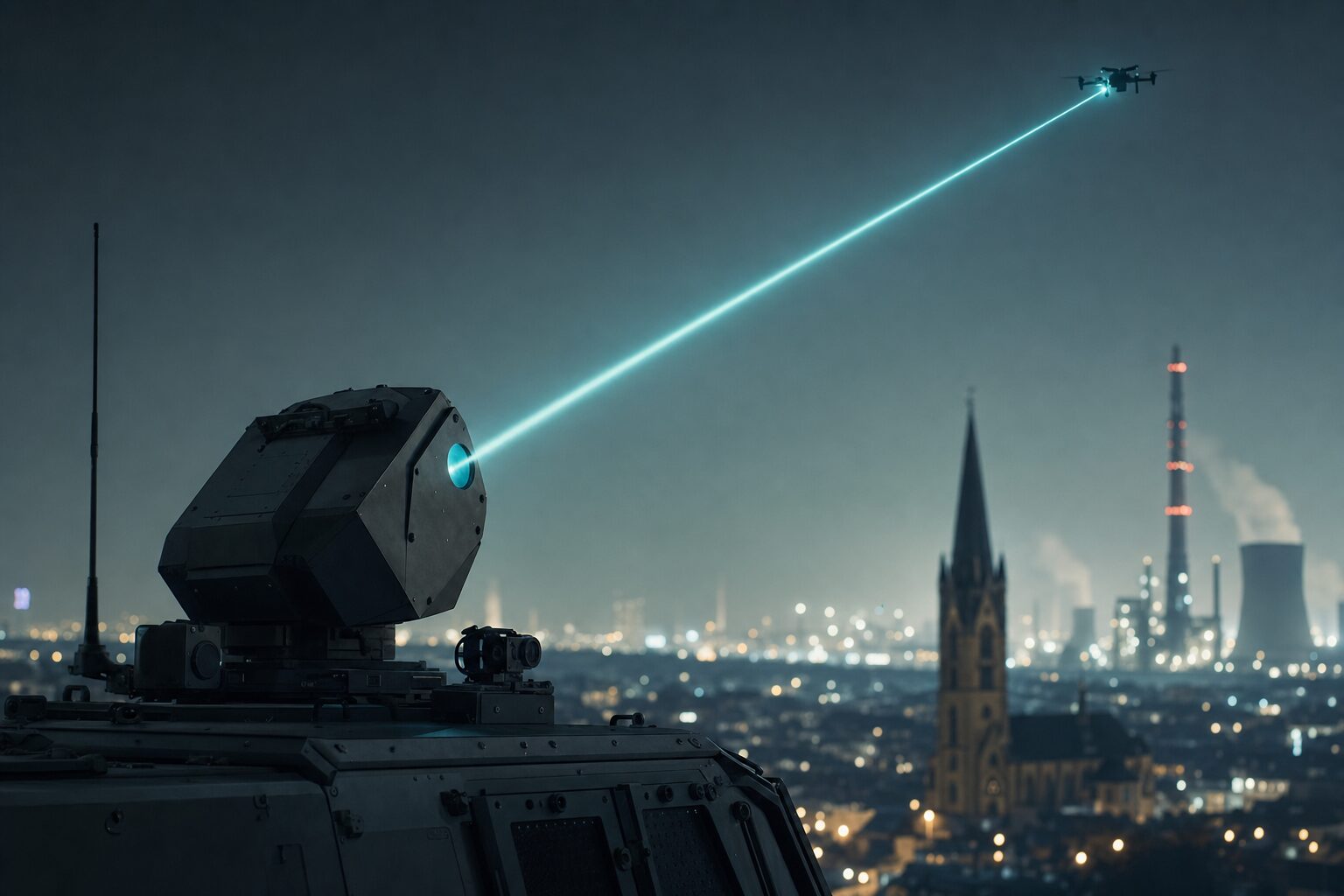 Laser effector engaging a drone over a city at night