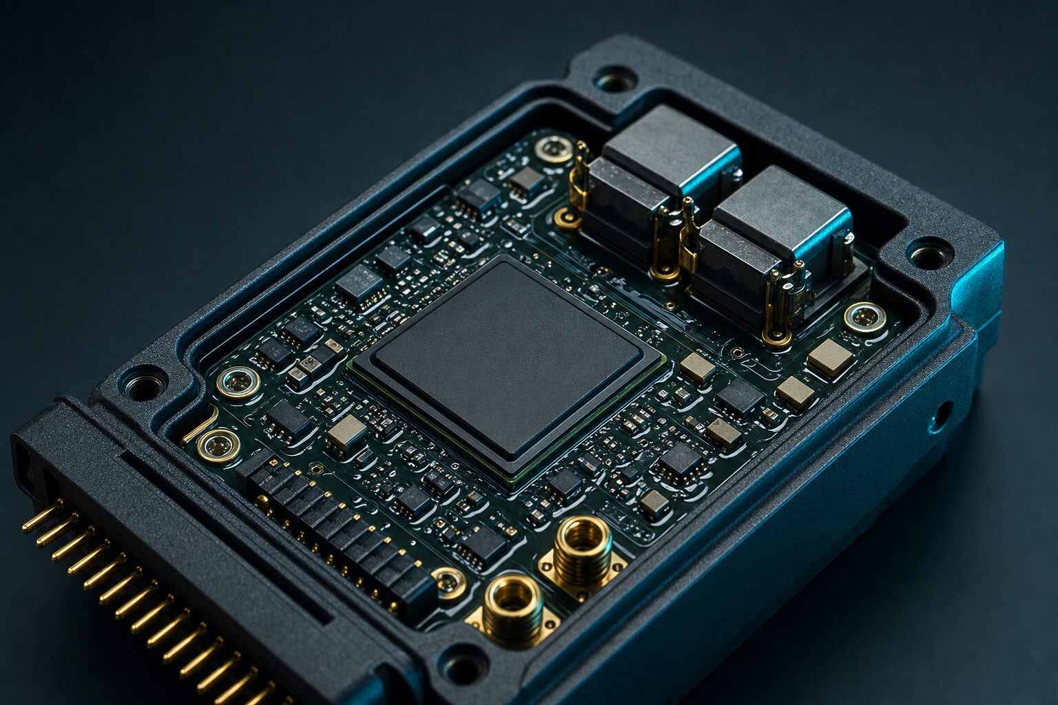 Macro shot of the ruggedised hardware module with visible relay interrupters